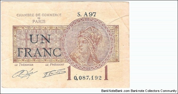 1 Franc(local note-Paris 1922) Banknote