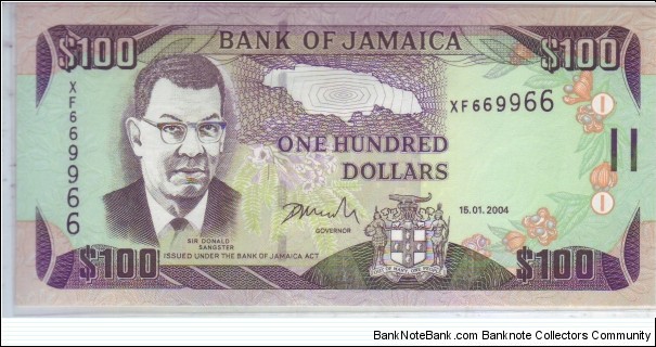JAMAICA : 100 dollar with RADAR NUMBER 6699966 Banknote