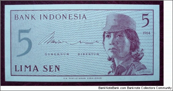 Bank Indonesia |
5 Sen |

Obverse: Female volunteer in uniform |
Reverse: Value
 Banknote