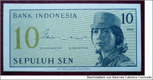 Bank Indonesia |
10 Sen |

Obverse: Female volunteer in uniform |
Reverse: Value
 Banknote