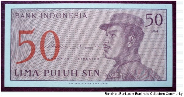 Bank Indonesia |
50 Sen |

Obverse: Male volunteer in uniform |
Reverse: Value Banknote