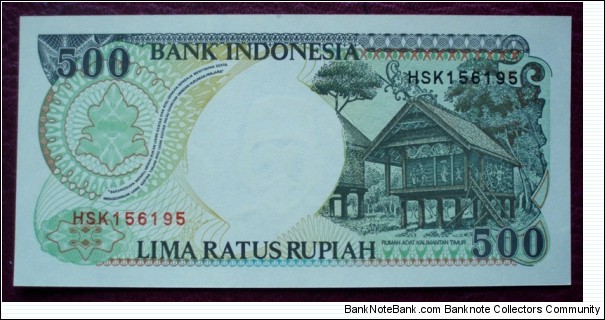 Bank Indonesia |
500 Rupiah |

Obverse: Native huts in East Kalimantan |
Reverse: Otangutan |
Watermark: Hadji Oemar Said Tjokroaminoto (Cokroaminoto) Banknote