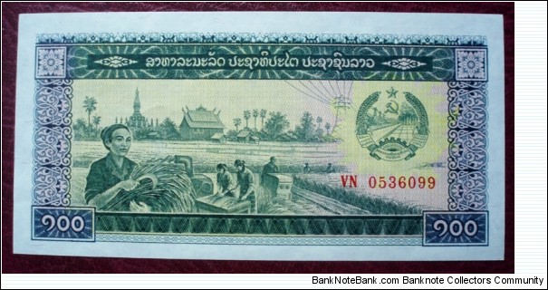 Thanaakhaan bhangsad |
100 Kip |

Obverse: Harvesting |
Reverse: Bridge Banknote