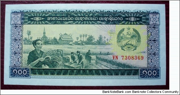 Thanaakhaan bhangsad |
100 Kip |

Obverse: Harvesting |
Reverse: Bridge Banknote