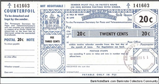 Fiji 2011 20 Cents postal note.

Date in the centre of the datestamp inverted. Banknote