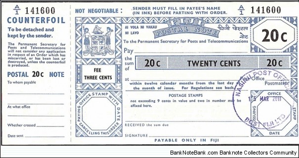 Fiji 2011 20 Cents postal note. Banknote