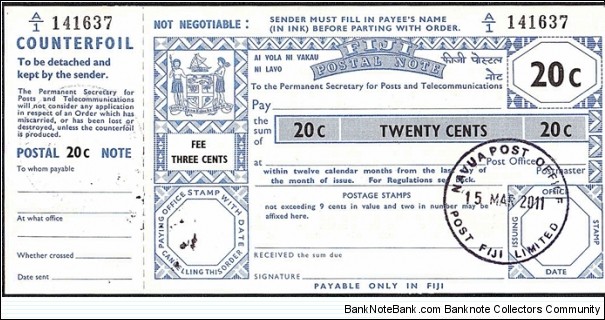Fiji 2011 20 Cents postal note. Banknote