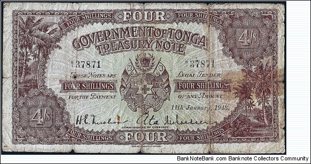 Tonga 1943 4 Shillings.

Extremely difficult to find! Banknote