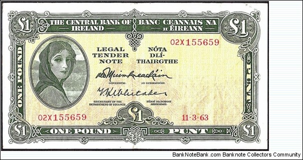 Ireland 1963 1 Pound.

Watermark off-centre.

Ink smudge error at top right. Banknote