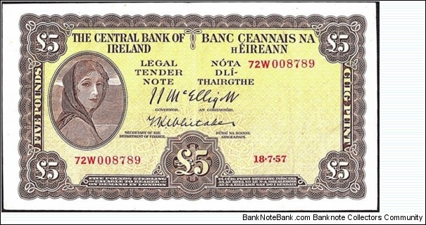 Ireland 1957 5 Pounds. Banknote