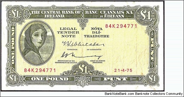 Ireland 1975 1 Pound.

Watermark off-centre. Banknote