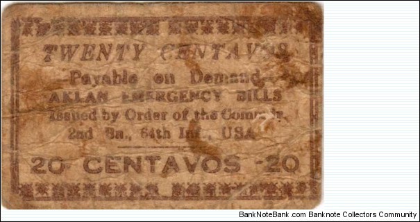 S-206 RARE Aklan Emergency 20 centavos note. Banknote