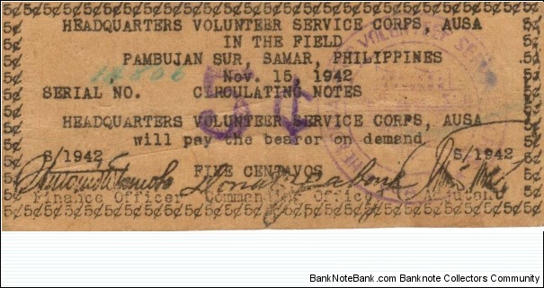 SMR-641 RARE Pambujan Sur, Samar, Philippines 5 Centavos note #2. Banknote