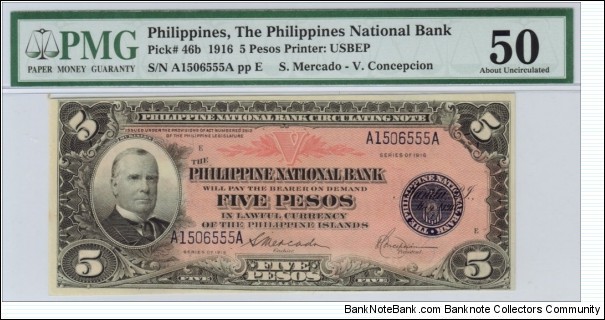 p46b 1916 5 Peso PNB Circulating Note (PMG AU 50) Banknote