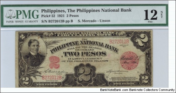 p52 1921 2 Peso PNB Circulating Note (PMG Fine 12) Banknote