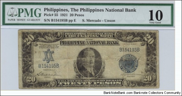 p55 1921 20 Peso PNB Circulating Note (PMG Very Good 10) Banknote