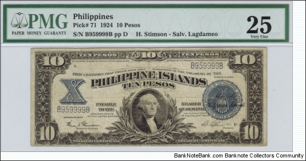 p71 1924 10 Peso Philippine Islands Treasury Certificate (PMG Very Fine 25) Banknote