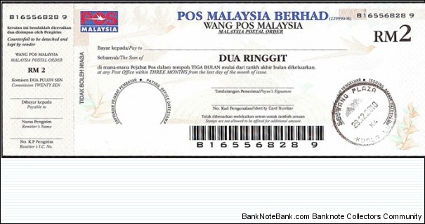 Kuala Lumpur 2010 2 Ringgit postal order. Banknote