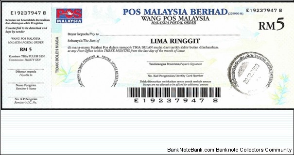 Kuala Lumpur 2010 5 Ringgit postal order. Banknote