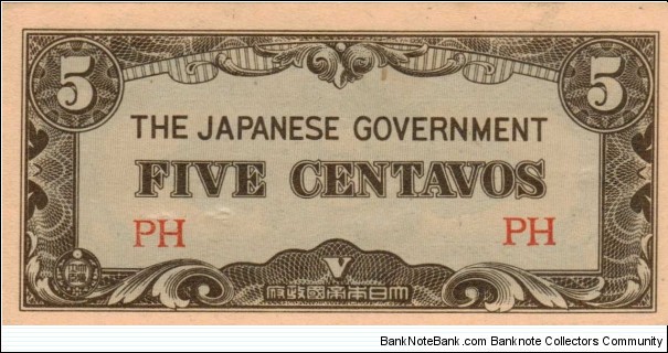 PI-103a Philippine 5 centavo note under Japan rule, block letters PH. Banknote