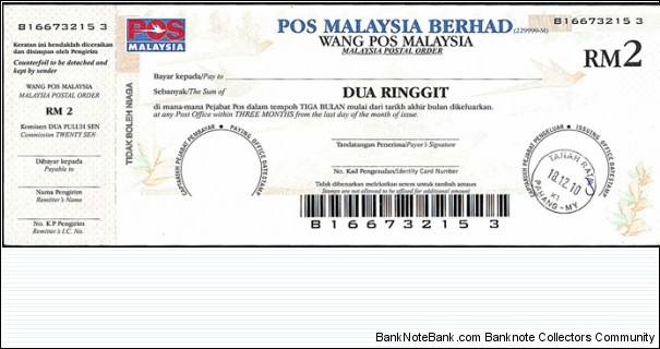 Pahang 2010 2 Ringgit postal order. Banknote