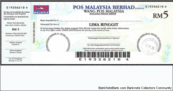 Putrajaya 2011 5 Ringgit postal order. Banknote