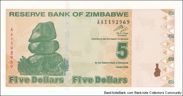 Zimbabwe P93 (5 dollar 2009) Banknote