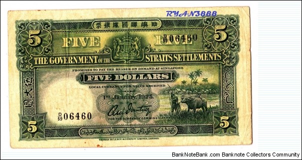 STRAITS SETTLEMENYS $5 BUFFALO AND TIGER 
NO TEAR NO HOLE WITH RADAR NO.  (SOLD 21th april 2011) Banknote