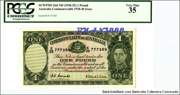 COMMONWEALTH OF AUSTRALIA 1938 KG $1 PCGS35 VF(sold 19may2011) Banknote