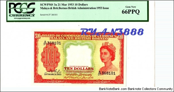 MALAYA 1953 QUEEN $10 PCGS 66PPQ GEM UNC (sold at 19may2011) Banknote