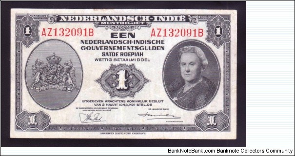 Netherlands Indies 1943 P-111a 1 Gulden Banknote