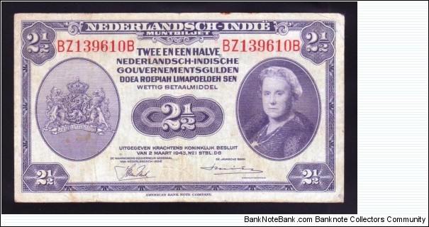 Netherlands Indies 1943 P-112a 2½ Gulden Banknote