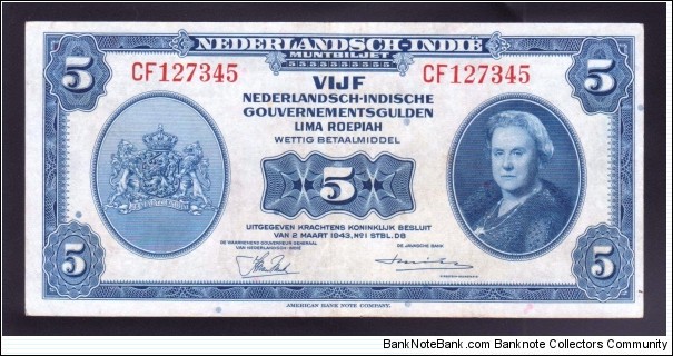 Netherlands Indies 1943 P-113 5 Gulden Banknote