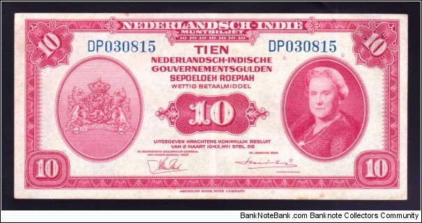 Netherlands Indies 1943 P-114 10 Gulden Banknote