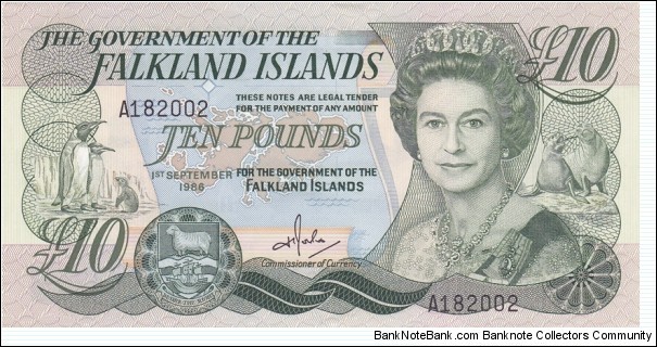 Falkland Islands P14a (10 pounds 1/9-1986) Banknote