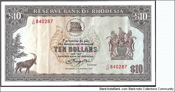 Rhodesia 1979 10 Dollars. Banknote