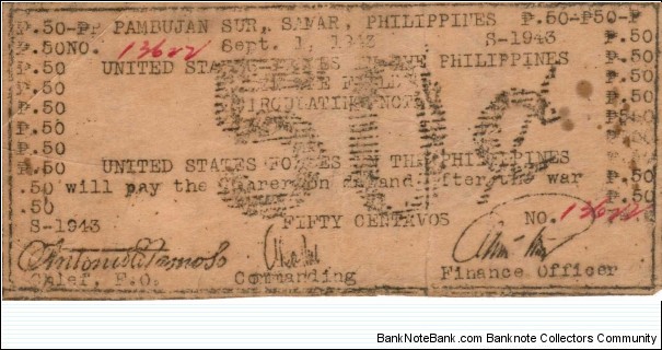 SMR-694 RARE Pambujan Sur, Samar Philippine 50 centavo note. Banknote