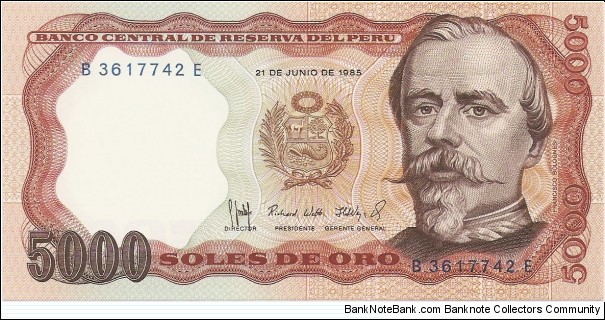 5000 Intis; P-17; Obverse: Peruvian Military Hero Francisco Bolognesi Cervantes; Banknote