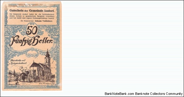 50 Heller(notgeld 1920) Banknote