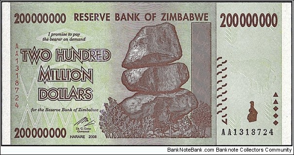 Zimbabwe 2008 200 Million Dollars. Banknote