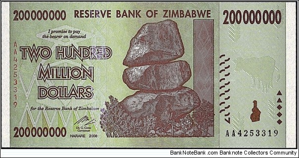 Zimbabwe 2008 200 Million Dollars. Banknote