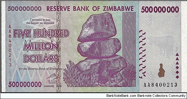 Zimbabwe 2008 500 Million Dollars. Banknote