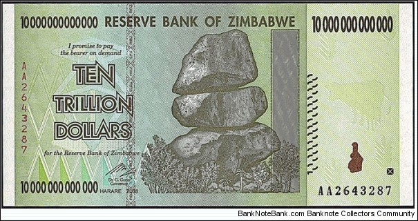 Zimbabwe 2008 10 Trillion Dollars. Banknote