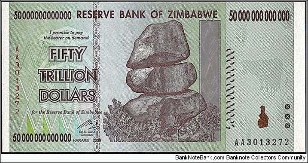Zimbabwe 2008 50 Trillion Dollars. Banknote