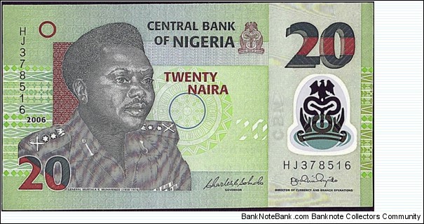 Nigeria 2006 20 Naira.

First polymer plastic issue.

6 digit serial numbers.

Cut unevenly at both top & bottom. Banknote