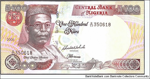 Nigeria 2005 100 Naira.

Wet ink transfer error. Banknote