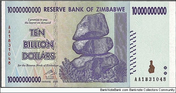 Zimbabwe 2008 10 Billion Dollars. Banknote