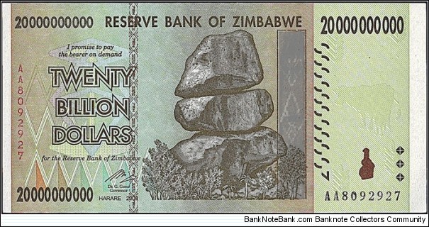 Zimbabwe 2008 20 Billion Dollars. Banknote