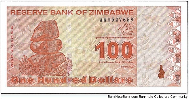 Zimbabwe 2009 100 Dollars.

The very last issue of a Zimbabwean 100 Dollars.

Black ink spot mark at right. Banknote
