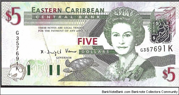 St. Kitts N.D. (2003) 5 Dollars.

Unevenly cut at both top & bottom. Banknote